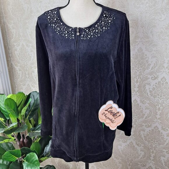 Liz & Me Sport Size 0X 16W Black Veloour Zip Jacket Bead/Pearl Embellishment EUC - Picture 2 of 11